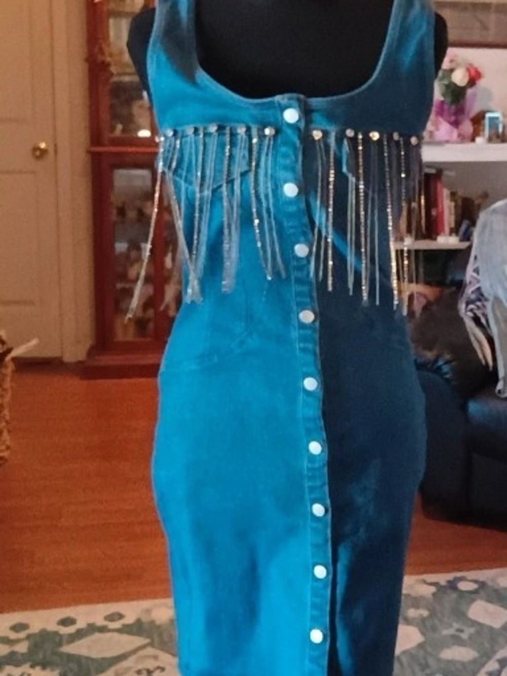 Haute Monde Denim Dress Embellished Rhinestone & Silver Fringe W/Tags Size M